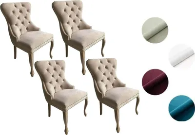 Produktbild von Chesterfield Stuhl MADAME 2 (4 Stück) – eleganter Polsterstuhl im Glamour-Stil, Samt Beige, Holzbeine in hellem Rustikal-Finish, Komfortsitz