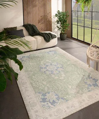 Image de Tapis d'extérieur vintage Unyqoos® Valenca Luna, vert sauge, 120 x 160 cm – lavable, structure en maille 3D, pour intérieur et extérieur
