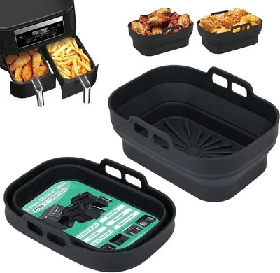 Produktbild von Famanu Silikon-Formen für Heißluftfritteuse - 2 Stück, faltbare, rechteckige Backformen (Schwarz)