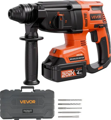 Zdjęcie produktu dla VEVOR 20 V akumulatorowa bezszczotkowa wiertarko-wkrętarka akumulatorowa, litowo-jonowa wiertarka udarowa 28 mm, lekki zestaw elektryczny SDS-Plus z akumulatorem i ładowarką oraz walizką transportową, 4 funkcje, 1200 obr