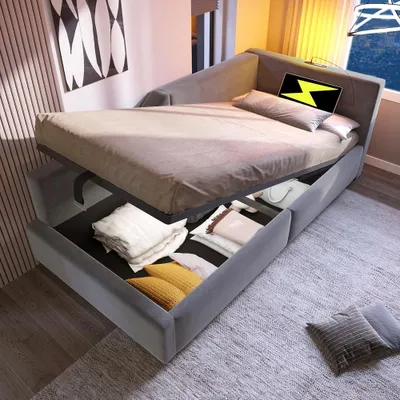 Zdjęcie produktu dla Łóżko tapicerowane o wymiarach 90x190 cm, idealne jako łóżko do wypoczynku, z hydraulicznym pojemnikiem na pościel, funkcją ładowania USB-C i lampką do czytania, obite szarym welurem, przeznaczone do pokoju młodzieżowego