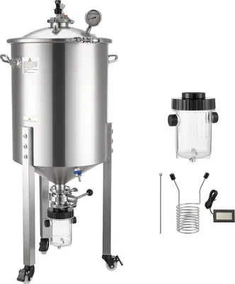 Obrázek produktu pro SucceBuy Kuželová fermentační nádrž z nerezové oceli 60 litrů pro domácí vaření piva, fermentační nádrž s kónickou základnou, 3 kolečky, víkem, rukojetí a teploměrem - ideální pro kvašení vína a piva