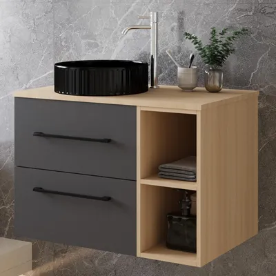 Produktbild von 100cm Badmöbel Set Schwarz Keramik Aufsatz-Waschbecken mit Unterschrank Eiche/Dunkelgrau hängend Badezimmerschrank mit soft-close