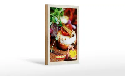 Produktbild von Holzschild Reise 12x18 cm Spanien Wein Fleisch Fisch Gerichte