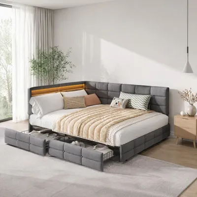 Produktbild von INONEFT Polsterbett Schlafsofa 140x190 cm mit LED Beleuchtung, Type-C und USB Anschlüsse, Jugendbett mit 2 Schubladen und Lattenrost, Leinen, Grau