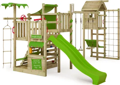 Image de FATMOOSE Tour de jeu CrazyCoconut avec balançoire & toboggan, jeu de jardin avec tour, échelle & accessoires de jeu - vert pomme