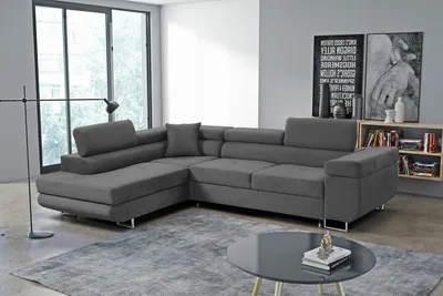 Image de Canapé d'angle Marlene III en L avec appuie-tête réglables Fonction couchage Coffre de rangement 271 cm Livraison à domicile Salon gauche (couleur : gris Vena 20)