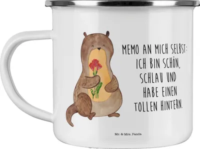 Produktbild von Mr. & Mrs. Panda Teetasse Otter Blumenstrauß - Weiß - Geschenk, Emaille Tasse, Süß, Positiv, Selbstvertrauen, Achtsamkeit, emaillebecher, Pott, Teebecher, Campingtasse