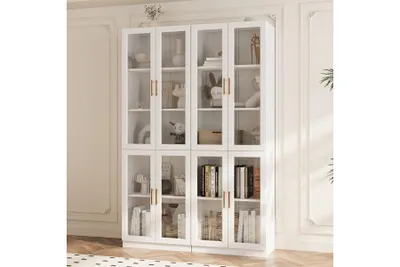 Produktbild von VOWNER Bücherregal mit Glastüren, 5-stöckiges Bücherregal mit Verstellbarem Regalboden Weiß （C）