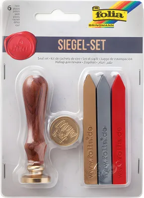 A product package for a wax seal set, showing the contents inside a clear plastic blister pack.