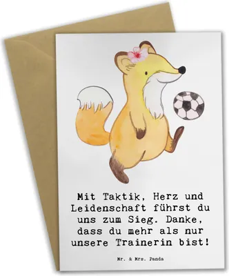 Produktbild von Mr. & Mrs. Panda Grußkarte Fussball Trainerin - Weiß - Geschenk, Mannschaft, osterkarten, weihnachtskarten, Sportart, vatertagskarte, osterkarte, Erfolg, Danksagung