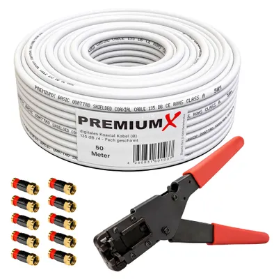 Produktbild von PremiumX 50m BASIC Koaxialkabel 135dB SAT Presszange 10x Kompressionsstecker