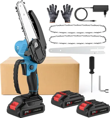 Produktbild von Mini Kettensäge - Akku Astsäge - 15 cm Schwert - 800 W - 21 V - Bürstenloser Motor - 2 Akkus - Einhand - Rot