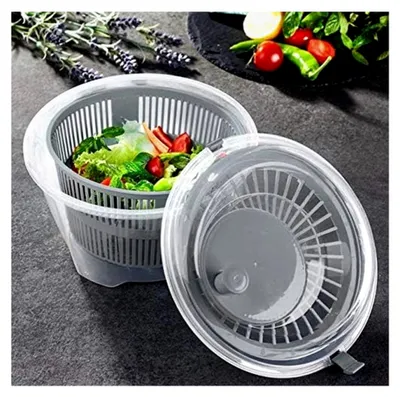 Produktbild von Salatschleuder 4,4 L, 24,5 cm – Transparente Kunststoffschüssel mit Kurbelantrieb, herausnehmbarem Sieb und Deckel mit Clips für schnelles, spritzfreies Trocknen