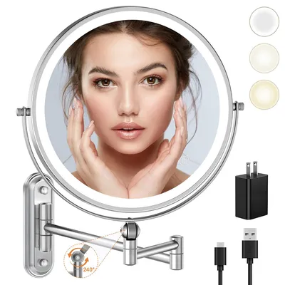 Produktbild von 22,9 cm Wandmontierter Make-up-Spiegel, Beleuchtet, Wiederaufladbar, LED-Schminkspiegel mit 1x Vergrößerung, 3 Farbtemperaturen, Touchscreen