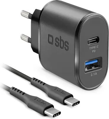 Produktbild von Wall Charger Kit 18W, 2,1A, Schnellladegerät mit USB-C Kabel, USB-C auf USB-C, USB-A, 1,5 m, Schwarz