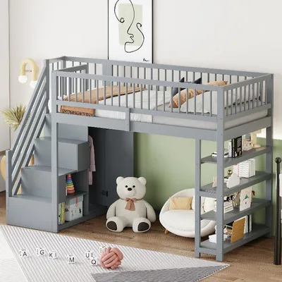 Produktbild von Hochbett 90x200cm aus Massivholz mit Kleiderschrank, Regalen und Stauraum, mit hoher Absturzsicherung und Leiter, grau für Kinderzimmer
