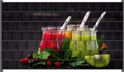 Produktbild von Wallario Zaunsichtschutz mit Motiv Bunte Smoothies in grün und rot für Ein- und Doppelstabmatten Zäune in der Größe 250 x 140 cm