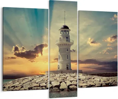 Produktbild von Bild auf Leinwand - Leinwandbild - Leuchtturm Wasser Meer Steine - 95x80cm - Wand Bild - Wanddeko - Leinwanddruck - Bilder - Kunstdruck - Wanddekoration - Leinwand bilder - Wandkunst - CB95x80-2895