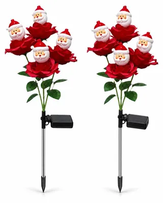Produktbild von Solar LED Gartenstecker 2er Set, Weihnachtsmann Rosenleuchte mit 4 Köpfen, dekorative Gartenbeleuchtung für Weihnachten und Außenbereich