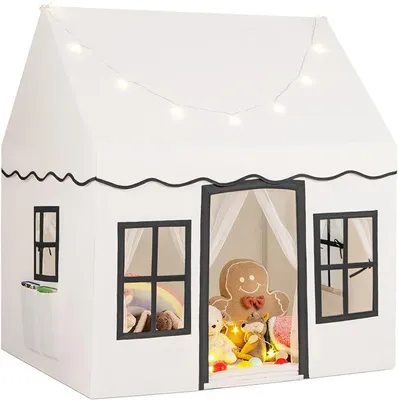 Imagen del producto de Casa de juegos infantil con luces en forma de estrellas, tienda de juegos para niños con temática de princesa, tienda de juegos para niños con ventanas y cortinas de tela mosquitera, casa de juegos para niños y niñas (color beige)