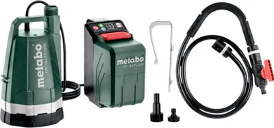 A collection of Metabo pump components and accessories laid out on a white background.