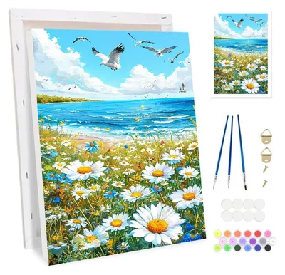 Produktbild von Malen nach Zahlen Set für Erwachsene mit Rahmen 20x30cm Blumenstrand Möwen
