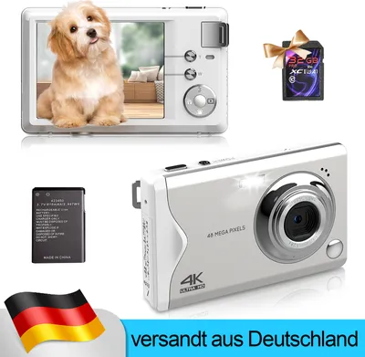 A digital camera and its accessories are displayed on a white background, with promotional text and a German flag.