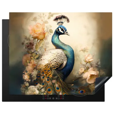 Produktbild von KitchenYeah© Herdabdeckplatte Pfau - Pfauenfedern - Blumen - Botanisch , 65x52cm, Küche Deko, Glaskeramikkochfeld Herdabdeckung, Abdeckplatte fùr Kochfeld