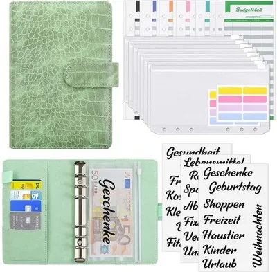Immagine prodotto di Agenda finanziaria A6 verde con buste per contanti e pagine per il bilancio