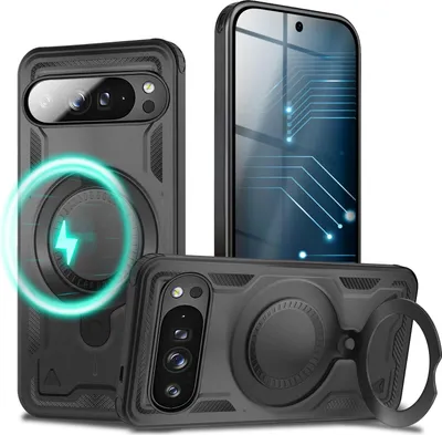 Three views of a black smartphone case with a magnetic ring and a lightning bolt icon.