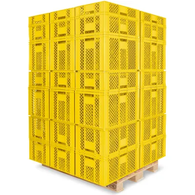 Produktbild von 1 Palette / 78 Stück Stapelkörbe/Bäckerkästen in 5 Größen, Grundmaß LxB 600 x 400 mm, H 90 mm, 150 mm, 240 mm, 320 mm, 410 mm, Farbe gelb