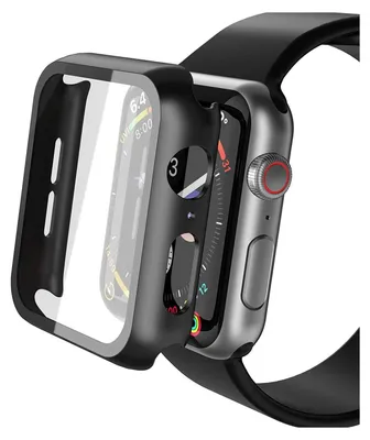 A protective case is shown being placed onto an Apple Watch.