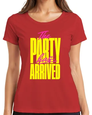 Productafbeelding van Het feest is begonnen! Grappige spreuk. Neon. Outfit voor een feest in de jaren 80 en 90. Dames T-shirt, rood, maat 3XL