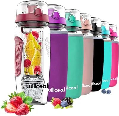 Produktbild von Wasserflasche mit Fruchteinsatz, 945 ml, BPA-frei Tritan, mit Eis-Gel-Kugel, Flipdeckel, für Sport und Camping