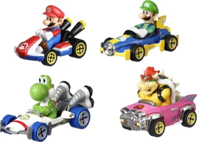 Four Mario Kart toy cars with characters Mario, Luigi, Yoshi, and Bowser.