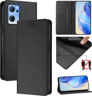 Produktbild von Lederhülle für Oppo Find X5 Lite/Reno7 5G Hülle Flip Brieftasche Kartenfächern Ständer Schutzhülle Schwarz