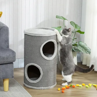 Produktbild von Kratztonne Katze zweistöckig, Katzentonne Kratzturm mit 2 Höhlen, Sisal Plüsch Spanplatte, Hellgrau | Ø 35 x 60 cm | bis 5 kg | für 1-2 Katzen