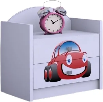 A pink alarm clock sits on top of a white child's nightstand with a cartoon car decal on the drawer.