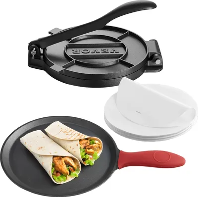 Obrázek produktu pro VEVOR lis na tortilly taco press (25 cm) z šedé litiny, robustní pataconera maker s rukojetí a 100 ks. Pergamenový papír, lis na tortilly, kolumbijský profesionální výrobník pataconera roti