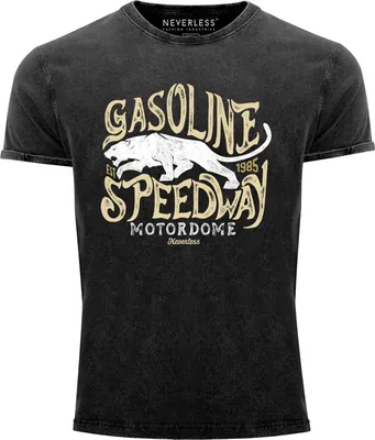 Produktbild von Neverless® Herren T-Shirt Vintage Shirt Printshirt Gasoline Speedway Panther Motiv Used Look Slim Fit schwarz XXL