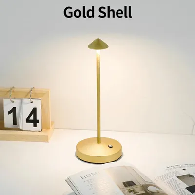 Image de Lampe de chevet LED sans fil à intensité variable, lampe de table LED, réglage en continu de l'intensité lumineuse avec trois couleurs, lampe portable sans fil rechargeable par USB. Couleur de l'abat-jour : doré, couleur de la lumière : réglable
