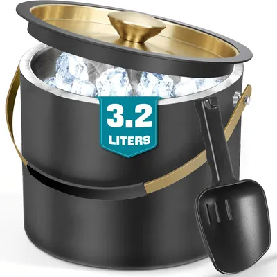 Produktbild von Eisbehälter 3.2 L, Edelstahl, doppelwandig, mit Deckel und Schaufel, schwarz, für Cocktails