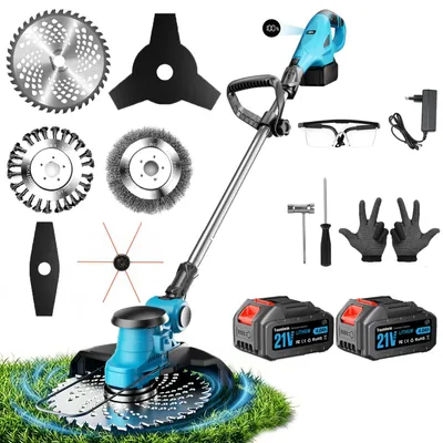 Produktbild von Akku-Rasentrimmer 1000W, bürstenloser Motor, 6-in-1-Rasentrimmer mit Unkrautbürste, mit 2x 4,0 Ah Akku 21V, Freischneider, Gartengeräte, Teleskopstiel