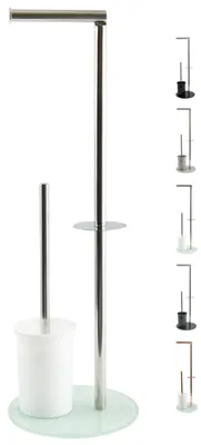 Produktbild von Toilettenbürstenhalter Toilettenbürstenständer WC-Garnitur - Edelstahl und Glas - Weiß - 3-in-1 mit Toilettenpapierhalter