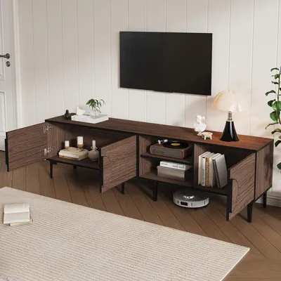 Produktbild von MODFU TV-Schrank TV-Ständer mit halbkreisförmigen Grafikelemente,lowboard mit offene Ablagefächer,TV-Schrank mit 2 Schränke,walnuss