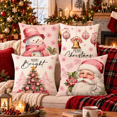 Image de Lot de 4 housses de coussin de Noël, 45 x 45 cm, couleurs variées, mélange de lin, pour décoration de canapé ou de chambre