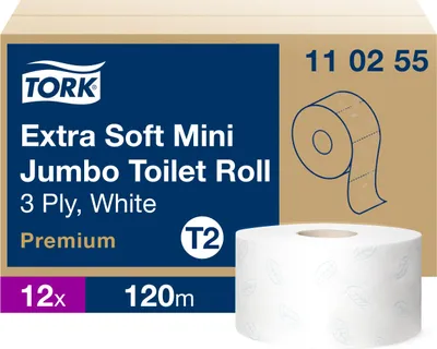 Immagine prodotto di TORK mini rotolo di carta igienica Jumbo 3 veli bianco 120 m 12 rotoli da 600 fogli ciascuno