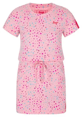 Produktbild von Kinder Kleid Besna Pink mit Blumen- & Sternen-Aufdruck, Schleife und verstellbarer Taille mit Spitze