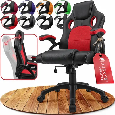 Produktbild von Juskys Racing Schreibtischstuhl Montreal (rot) - Gaming Stuhl ergonomisch, höhenverstellbar & gepolstert, bis 120 kg - Bürostuhl Drehstuhl